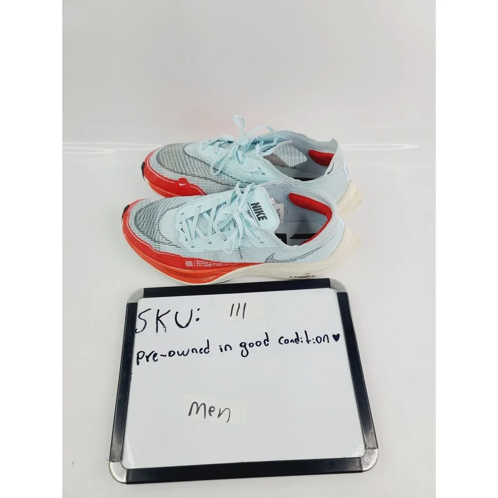 Nike, Athletic ZoomX Vaporfly Next% Running Shoes, Men, Size 9.5 Light Blue/Red.